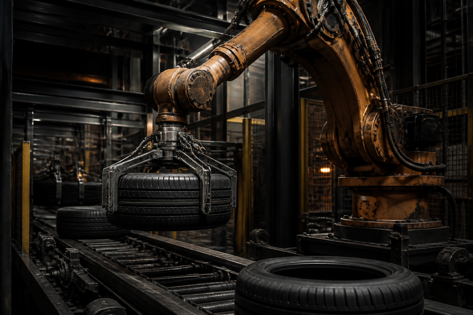 Industrial robot arm handling tyres on a plant conveyor