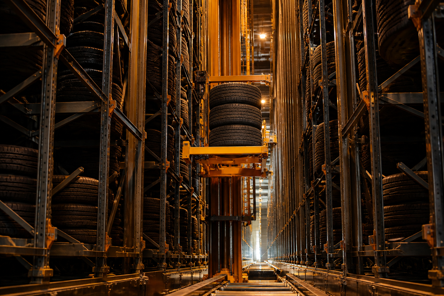 Automated tyre storage and retrieval system in a warehouse