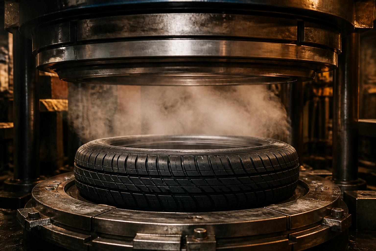 Freshly cured tyre inside an open curing press