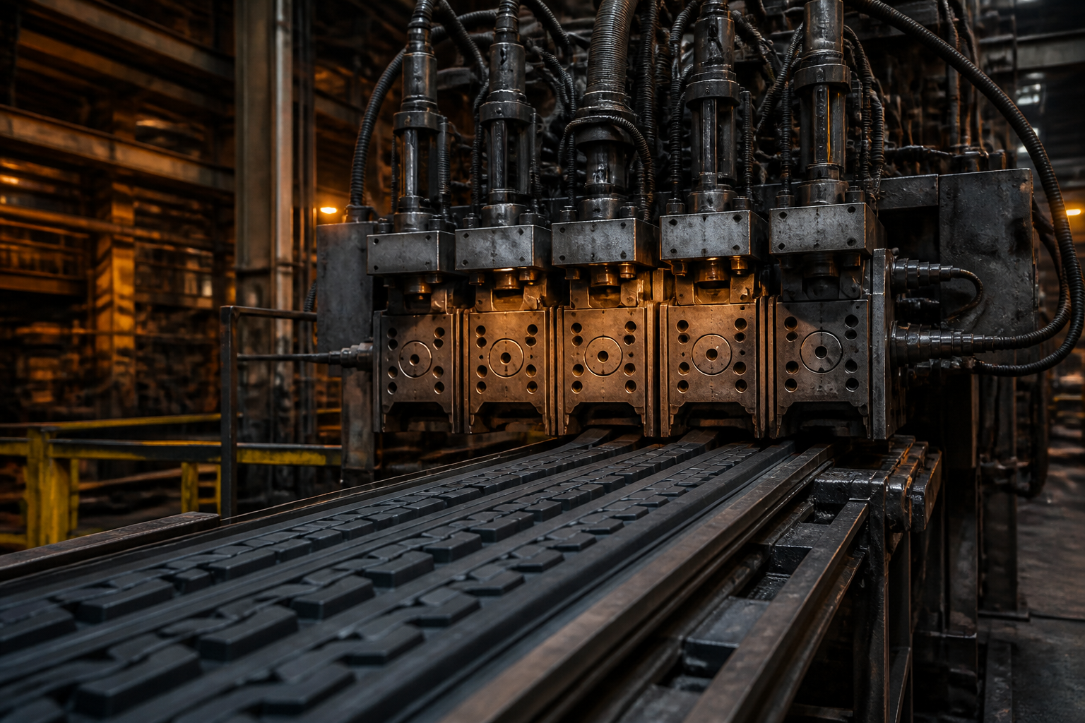 Tyre tread extrusion line forming component profiles