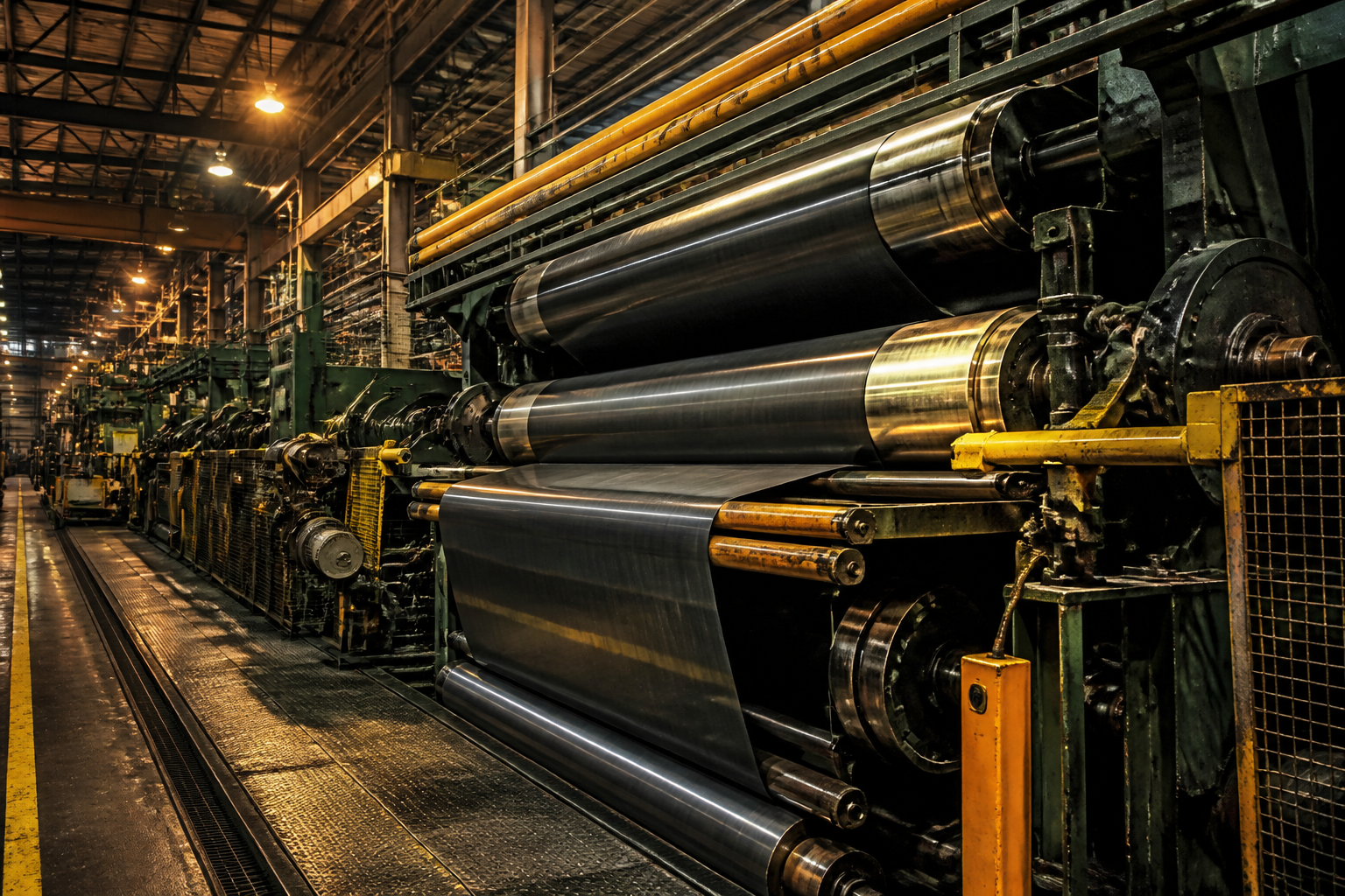 Steel cord calender line preparing tyre reinforcement