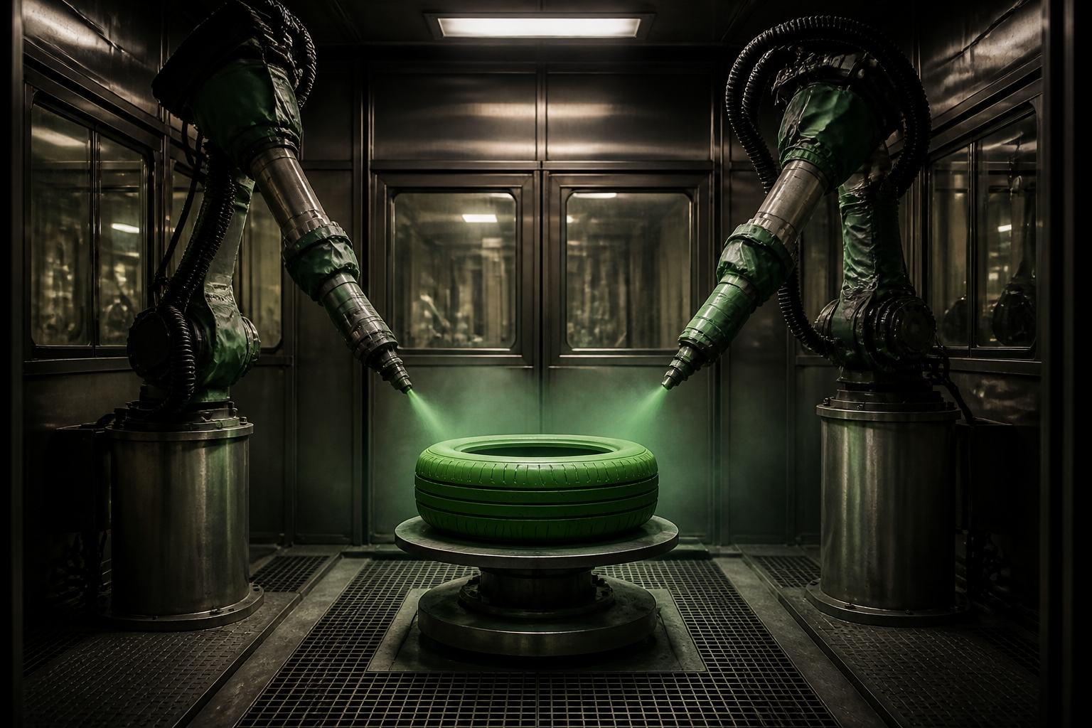 Automated green tyre paint booth with robotic spray arms
