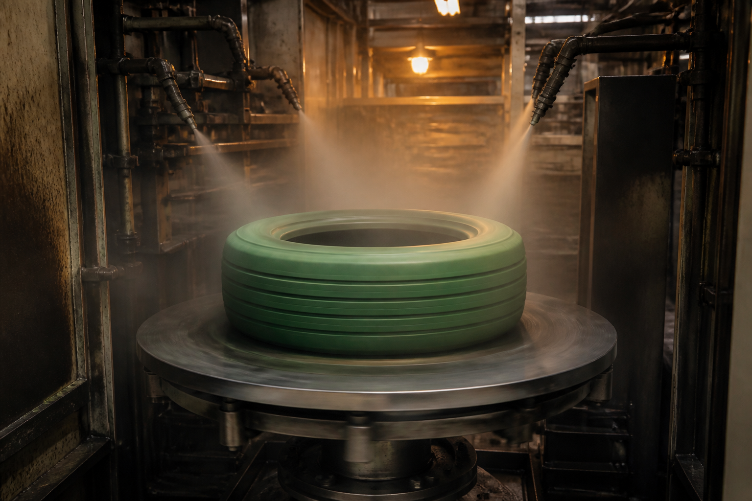 Green tyre rotating through a controlled spray line