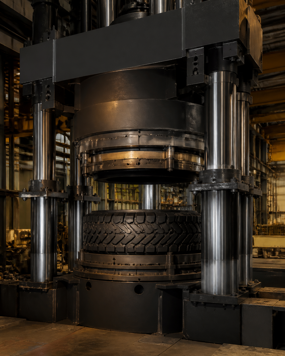 Heavy hydraulic tyre curing press on a manufacturing floor