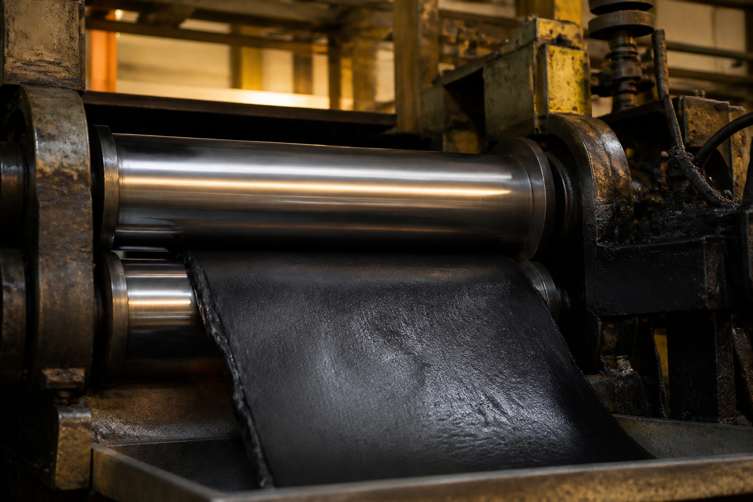 Two-roll mill delivering a rubber compound sheet