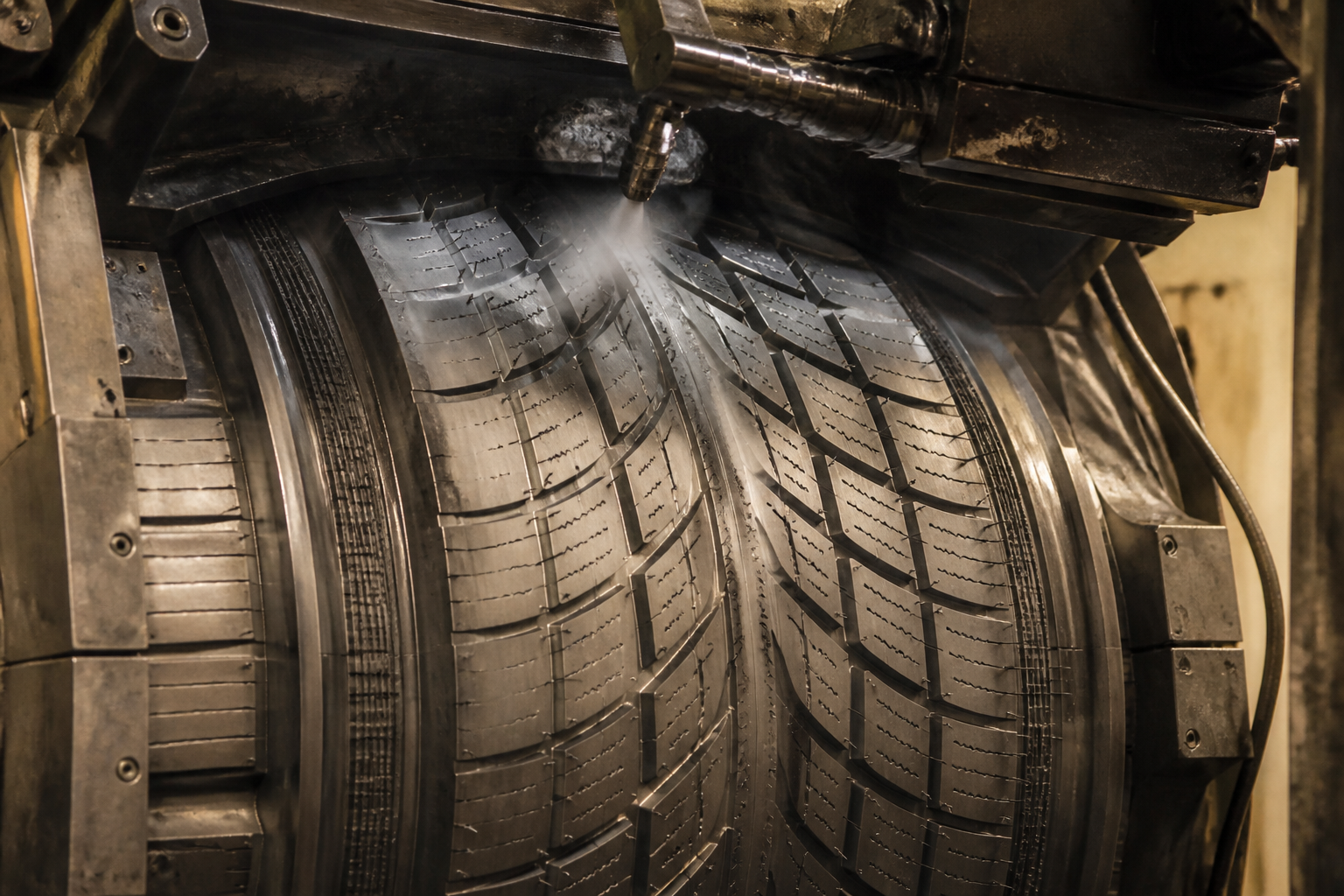 Close-up of a tyre mould being cleaned in an automated station