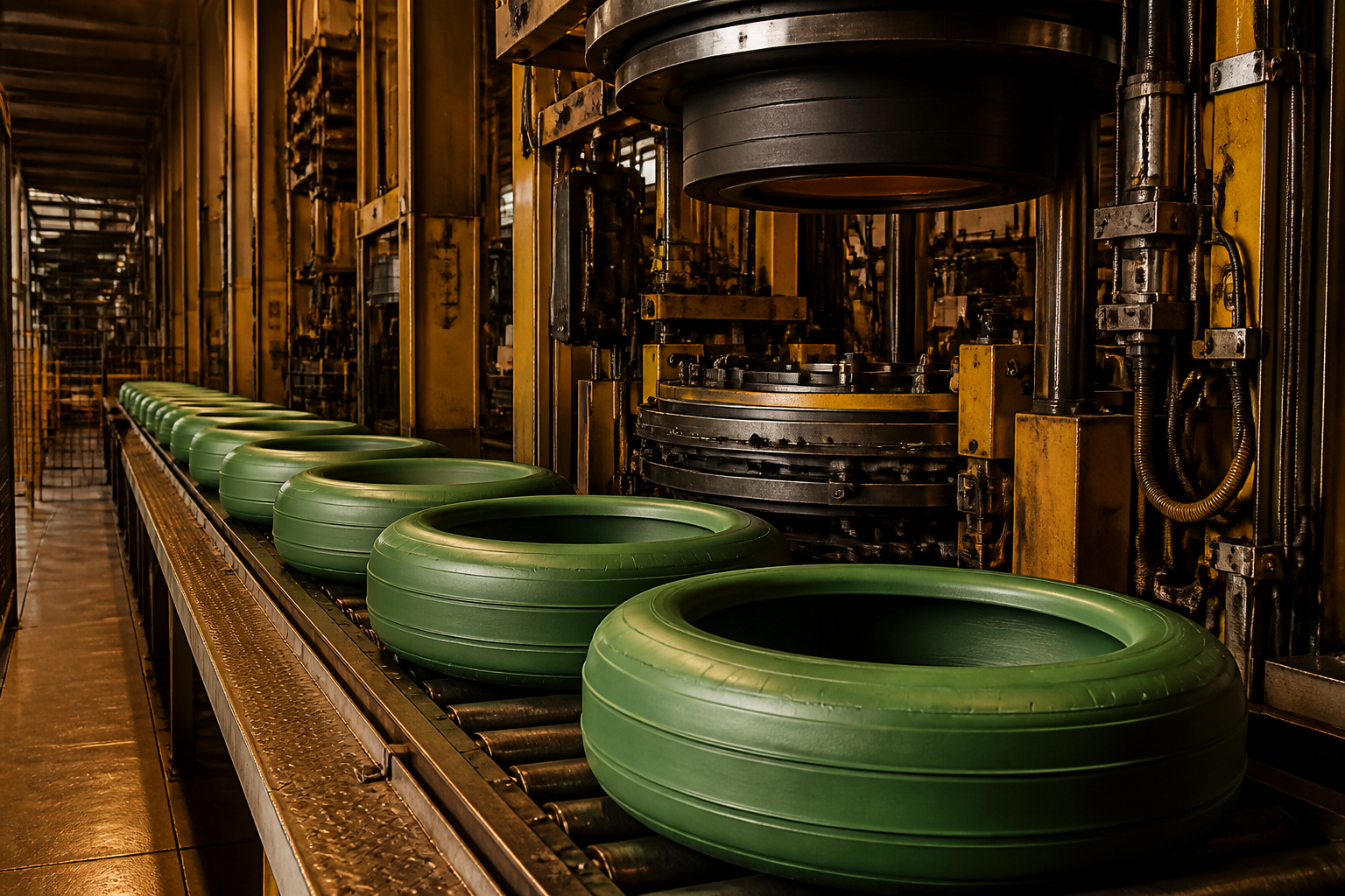 Green tyres advancing from a tyre building line