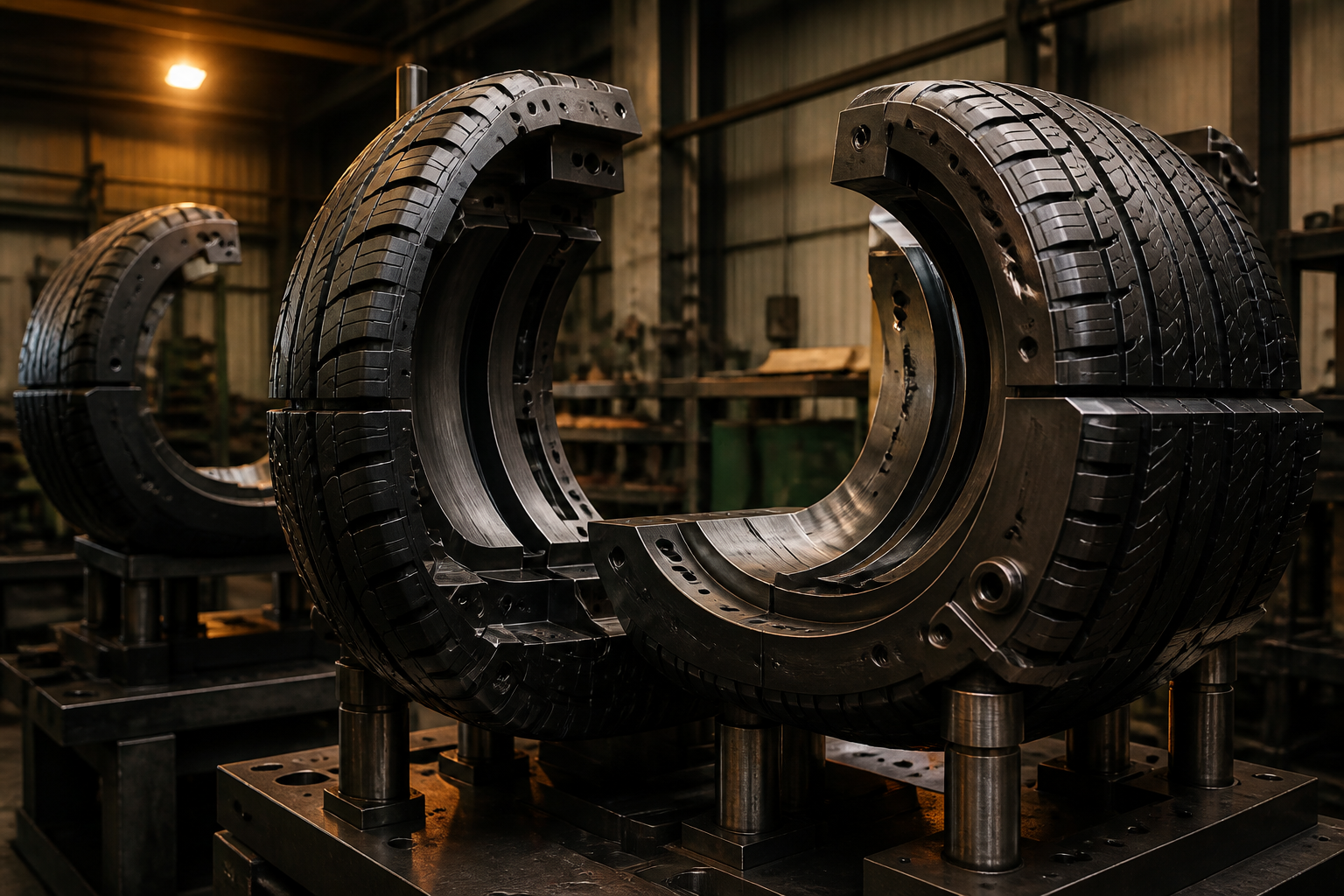 Segmented tyre mould halves on a precision assembly stand