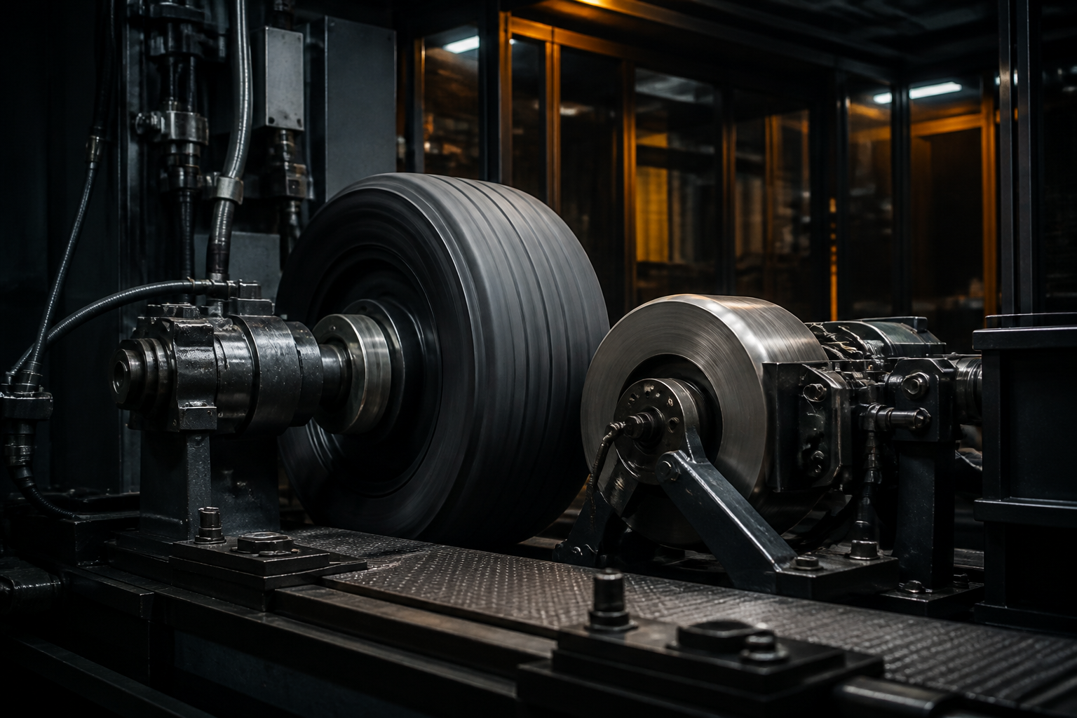 Tyre uniformity testing machine spinning a tyre under load