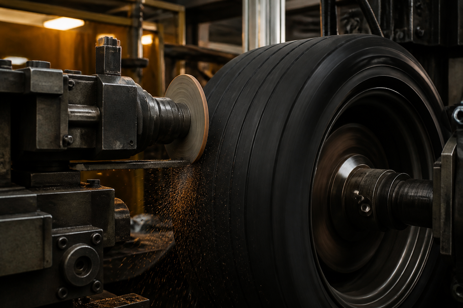 Precision correction machine refining a rotating tyre