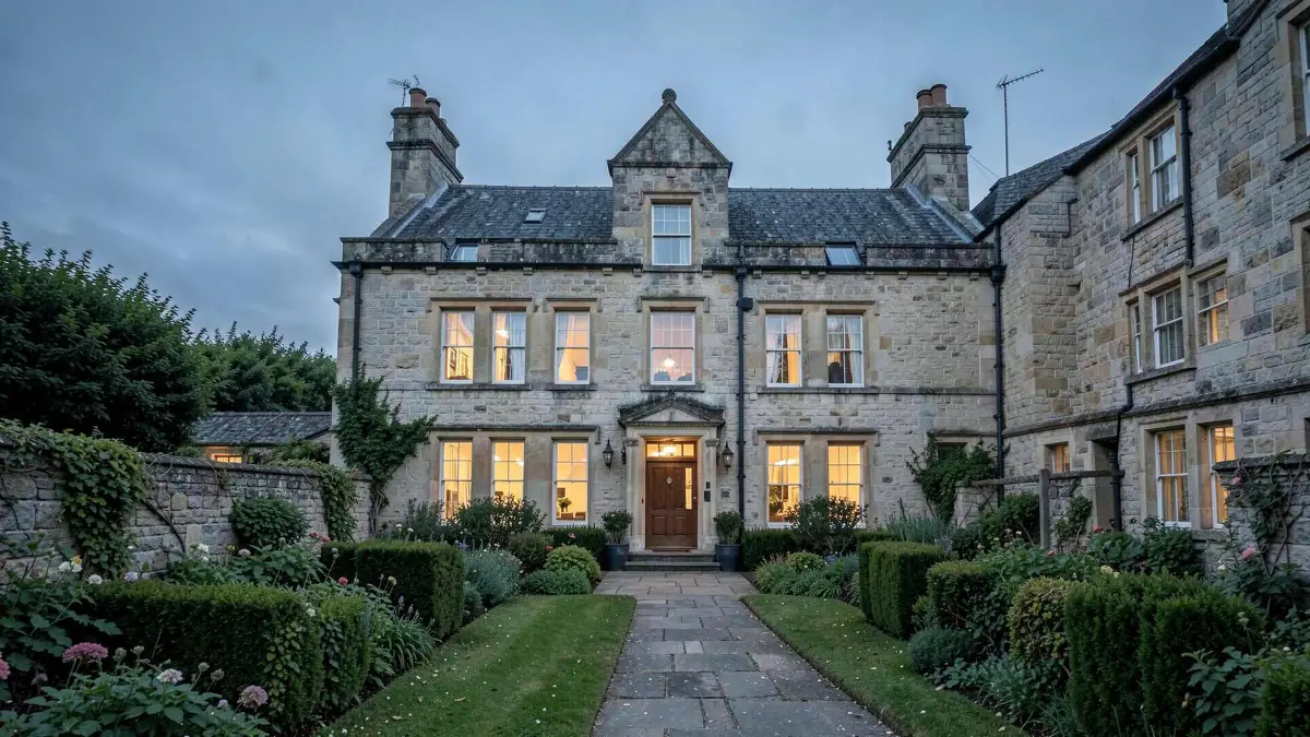 Ann Street House and its garden frontage at dusk