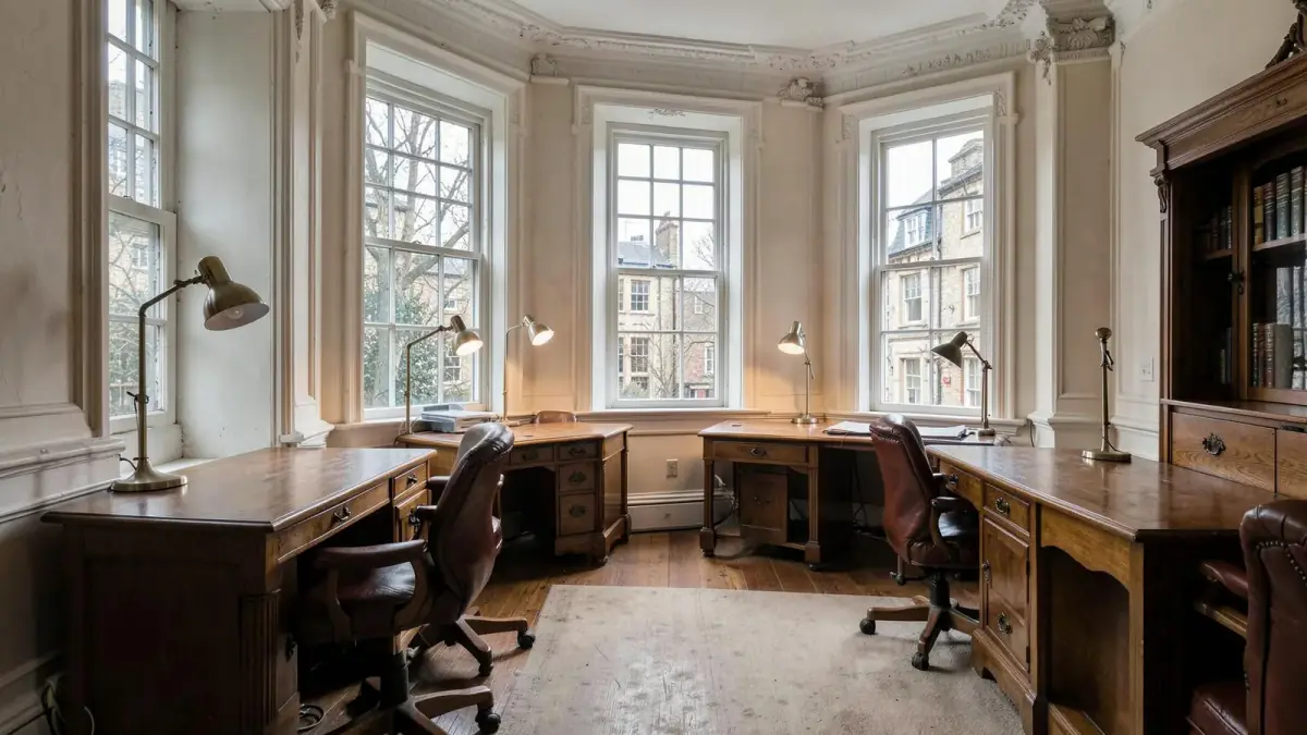 The shared study floor with desks along the windows