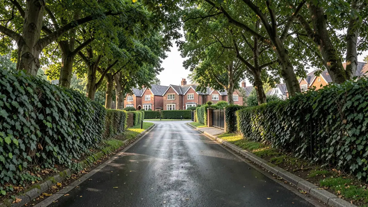 The tree lined approach road into Clarendon Residences
