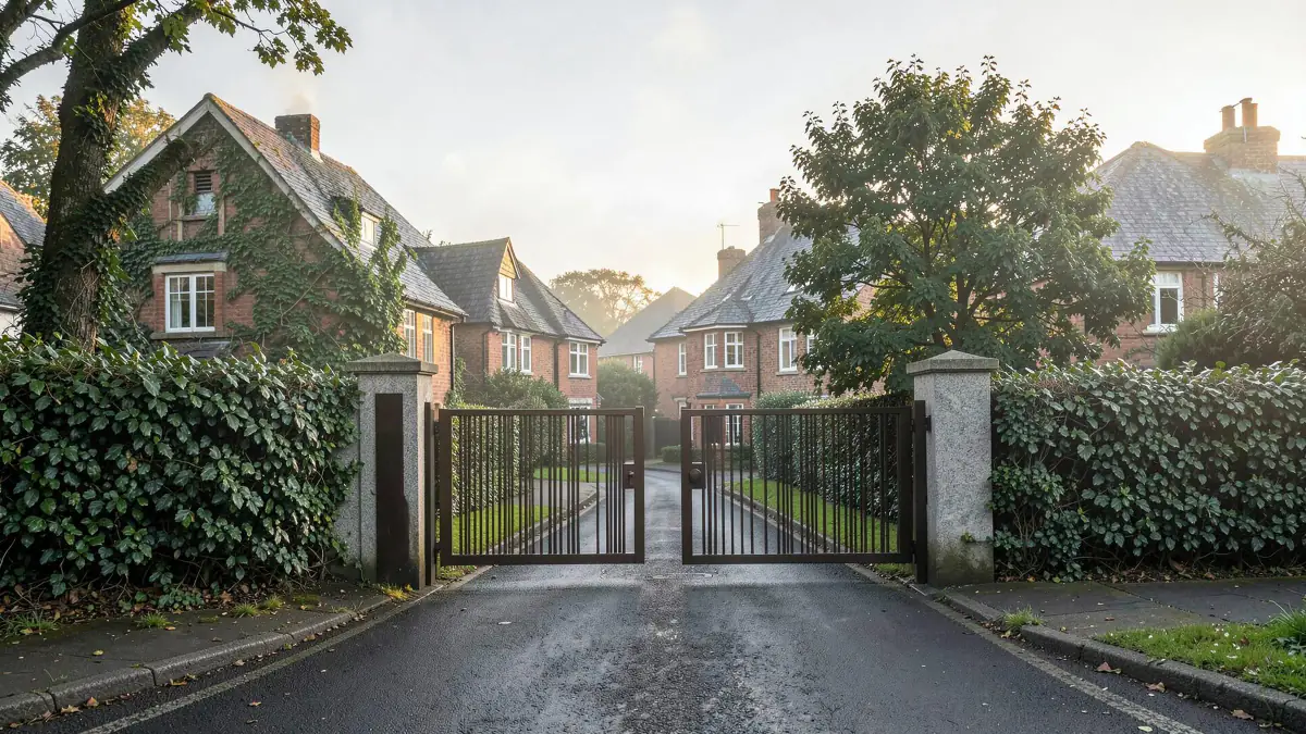 The gated entrance to Clarendon Residences at first light