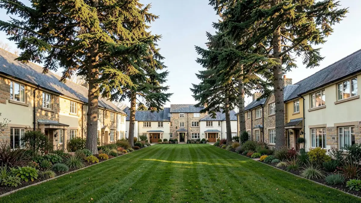 The central green at Hollybush Court with the original cedars