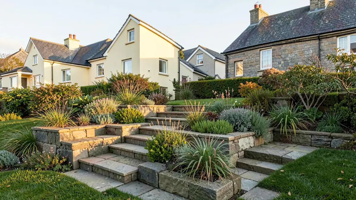 The stepped stone terrace at the south end of Hollybush Court